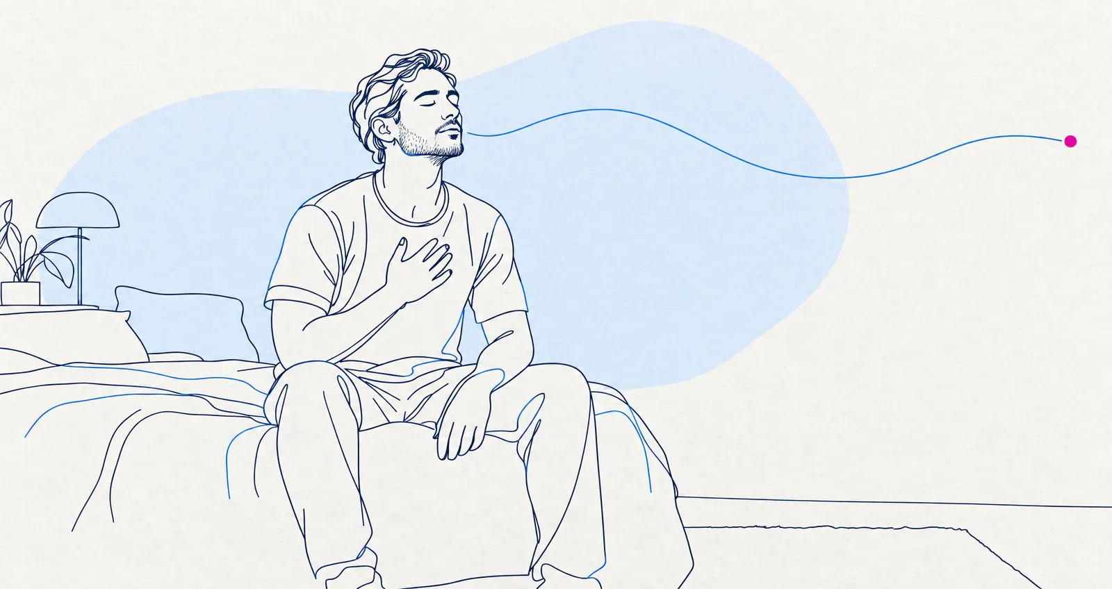Illustrazione di un uomo seduto sul letto che espira lentamente con una mano sul petto