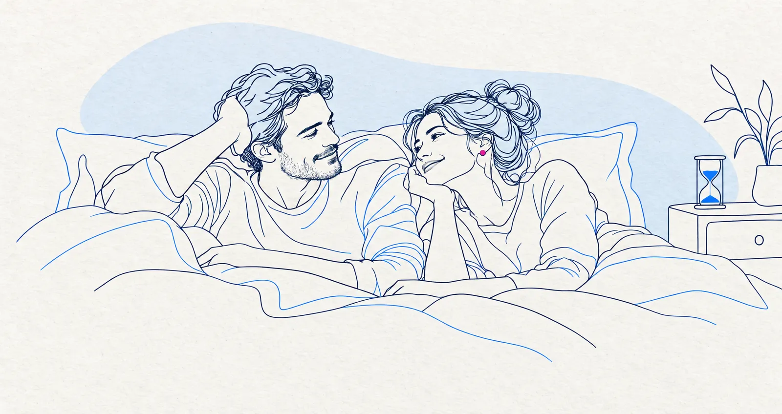 Illustrazione di una coppia sdraiata a letto che si sorride, senza fretta