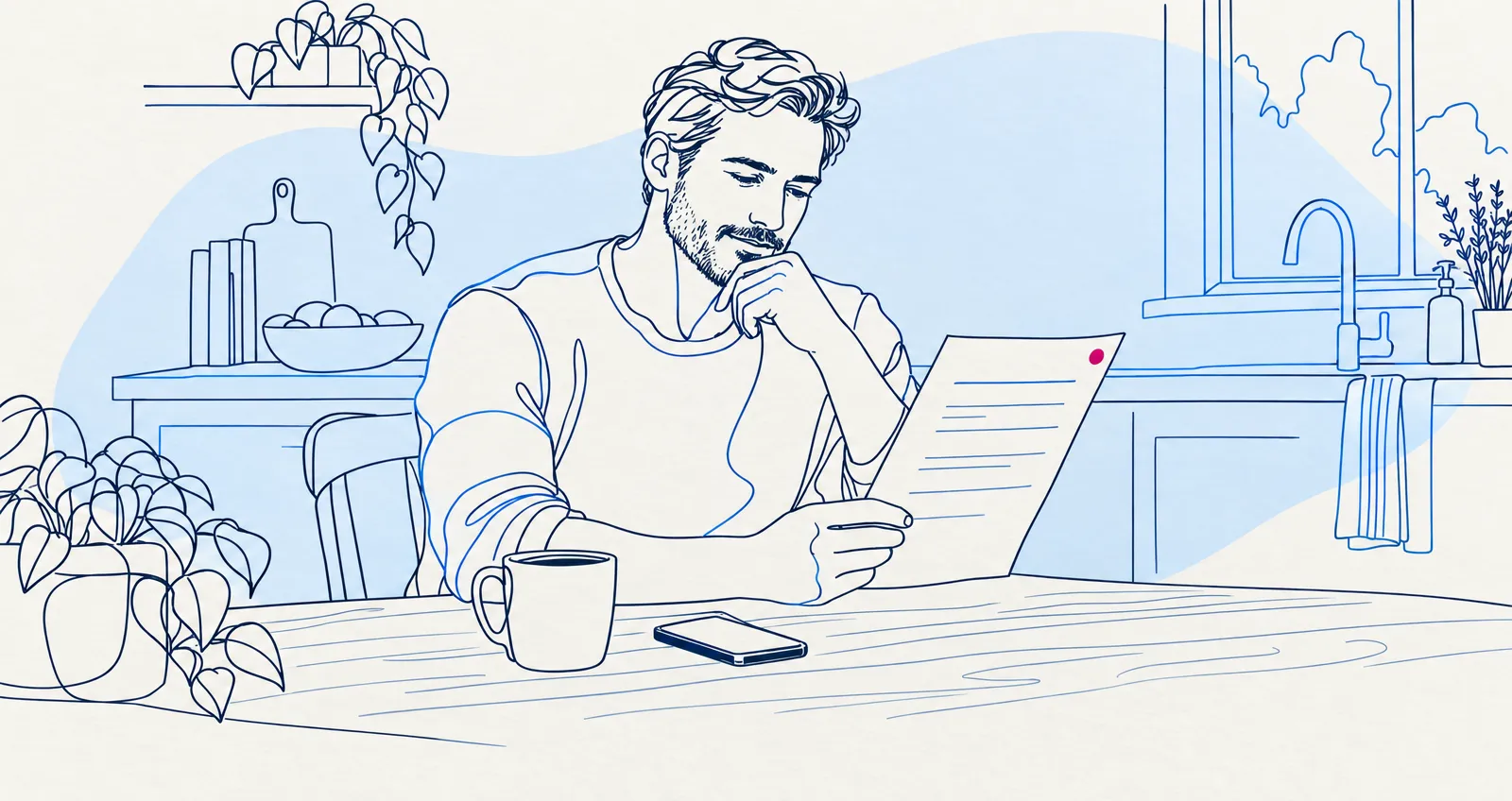 Illustrazione di un uomo di 35 anni che legge con calma il risultato di un esame