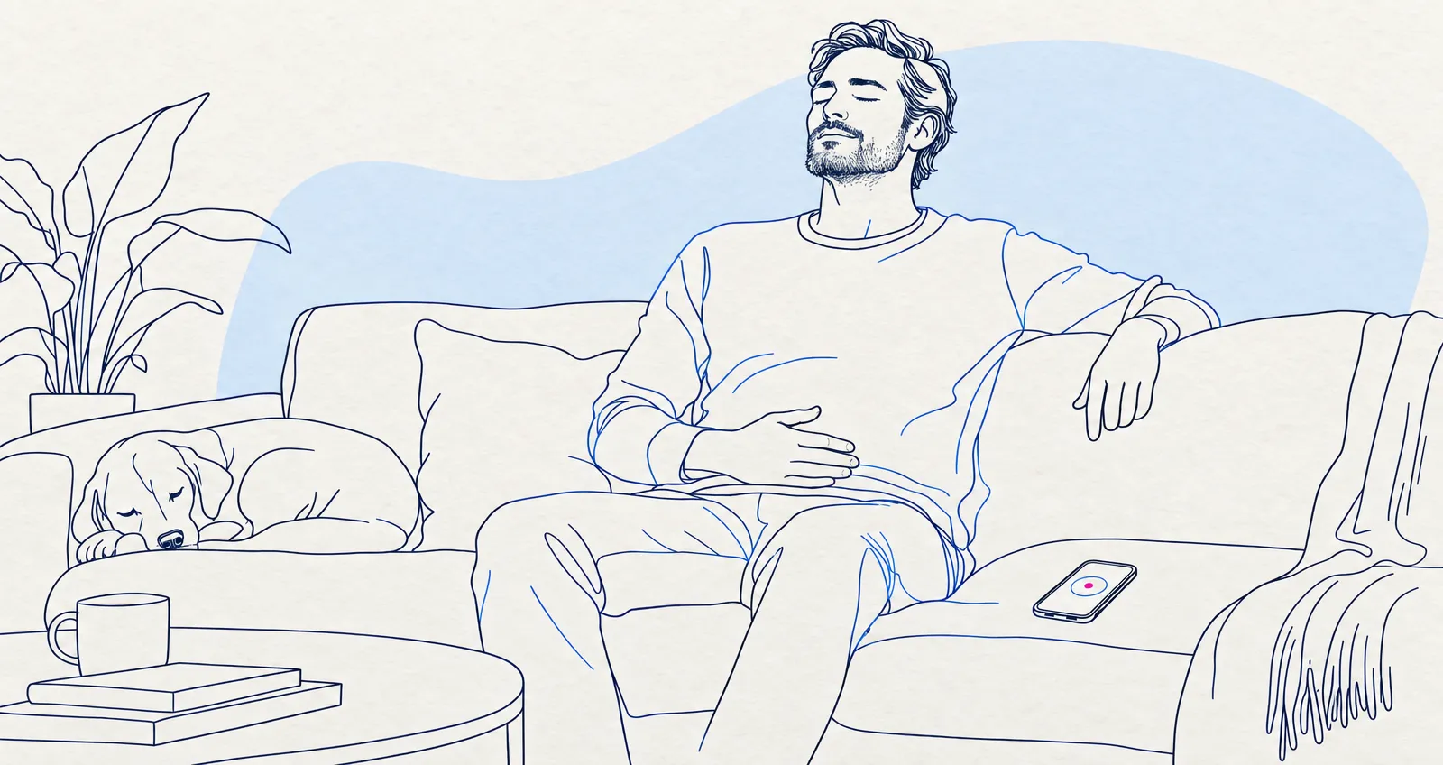 Illustrazione di un uomo seduto sul divano che respira con calma, con il telefono accanto