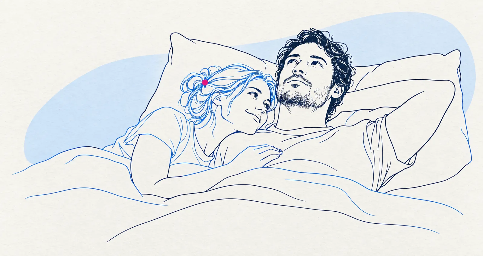 Illustrazione di una coppia a letto, lei appoggiata sul petto di lui