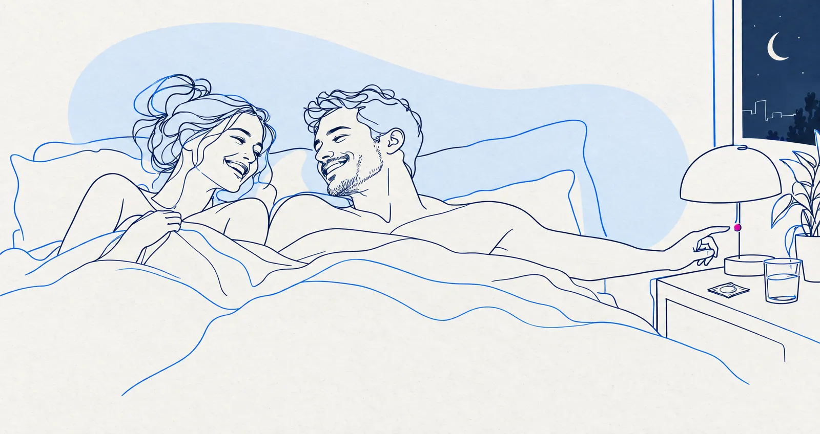 Illustrazione di una coppia a letto che ride insieme, con il comodino accanto